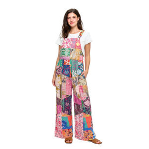 26413 Yak & Yeti Hippie Wide Leg Printed Patchwork Overall Multi Color Var Sizes